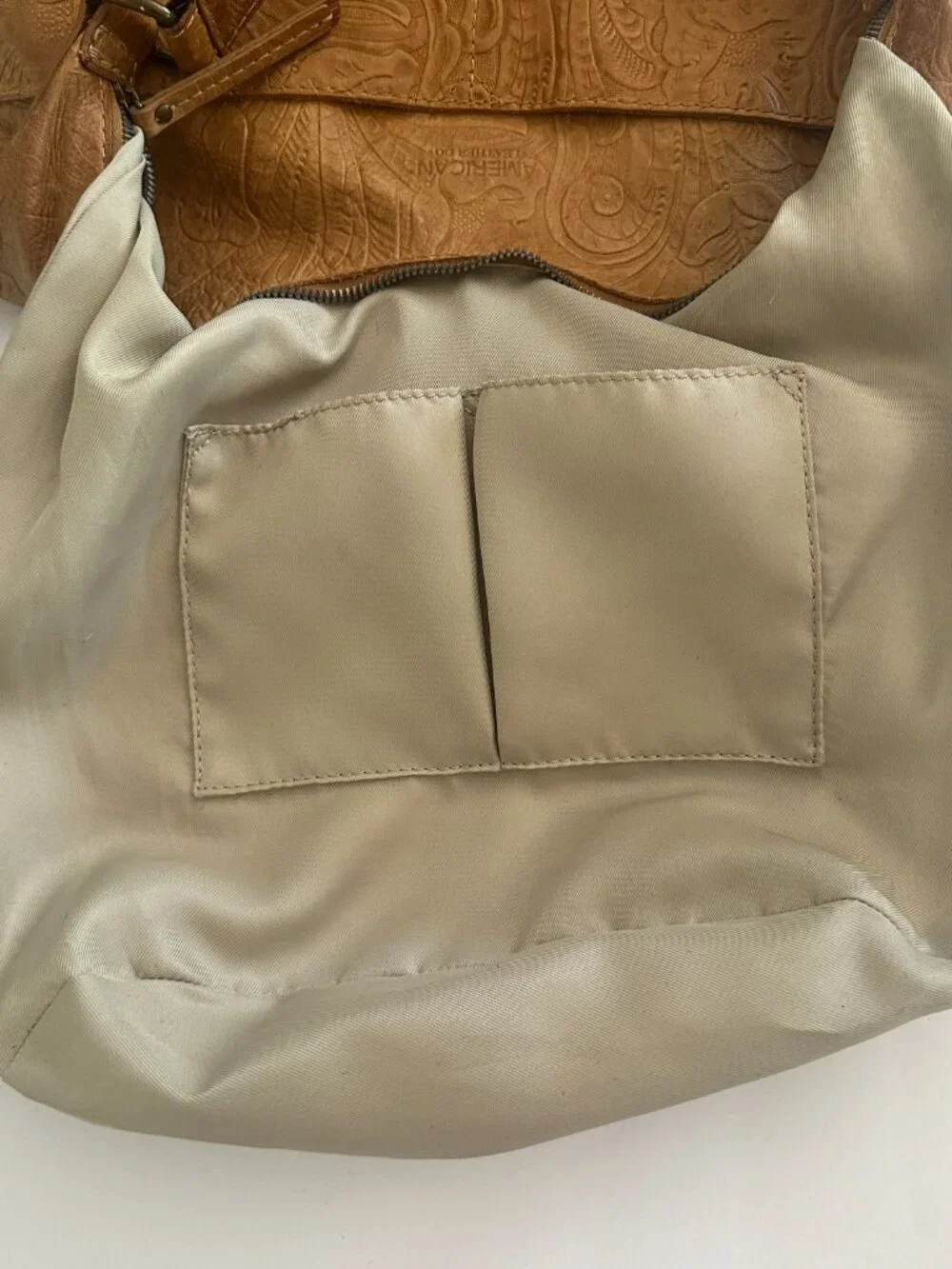 American Leather Co Hobo Bag Tan Genuine Leather Shoulder Purse Floral Boho